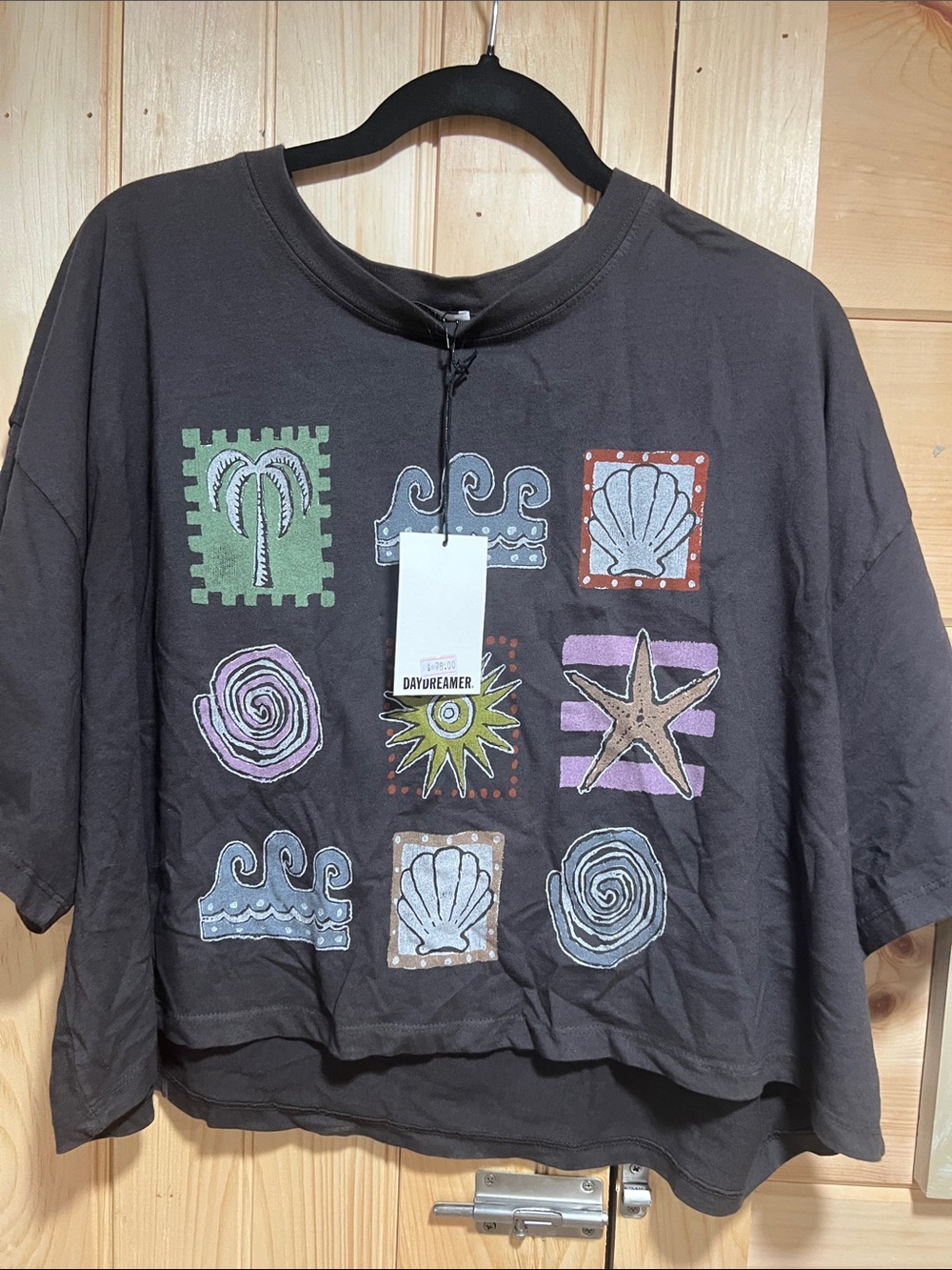 Daydreamer Black Cropped Tee with Colorful Beach Icons